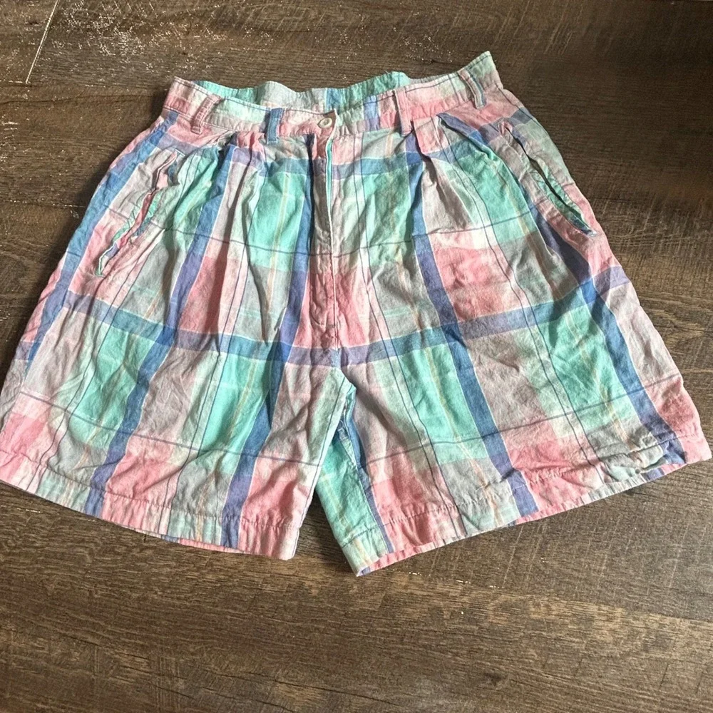 Woolrich Vintage 90s Pastel Plaid Cotton Pleated High Waisted Shorts Pink Teal